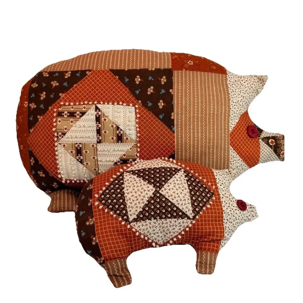 Set 2 Handmade Calico Plush Stuffed Pig Pillows Granny Cottage Brown Ornage 80s
